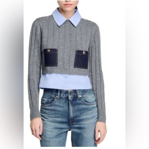 Chic Gray Knit Crop Top with Denim Details
